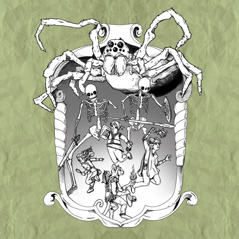 image of giant spider and skeletons behind four young heroes