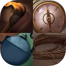 Collage of adventure supplies: torch, compass, canteen, and rope